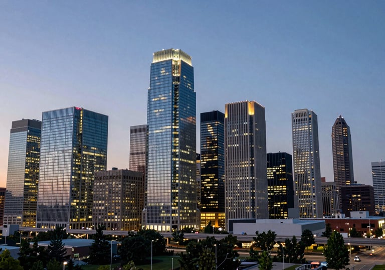 A wide-angle landscape shot of a North American tech hub skyline at sunset. The modern architecture is illuminated with light blue and white lights, reflecting a mood of progress and innovative power.
