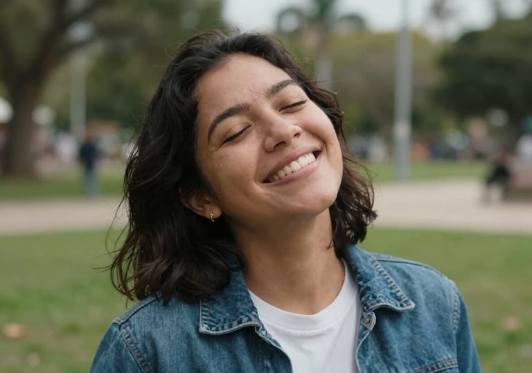 A candid, bright photo of a smiling person in a Latin American park, looking relieved and peaceful. The focus is soft, capturing a genuine moment of emotional health and connection with the environment.