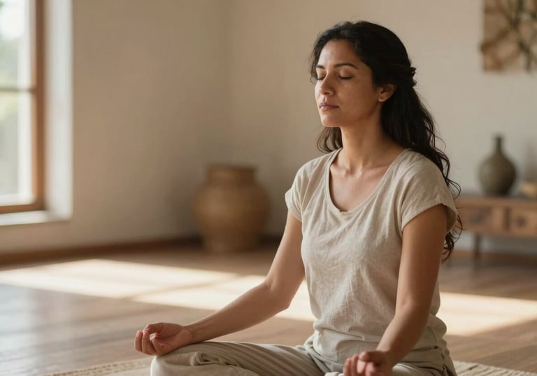 A serene Latin American woman in her late 30s meditating peacefully in a sunlit, minimalist indoor space, with soft, diffused light streaming through a window. She is sitting on a cushion, eyes gently closed, with a calm expression. The background is blurred, showing hints of warm, earthy tones and natural textures, creating a tranquil and inviting atmosphere. Professional photography, soft focus, warm color palette, empathetic mood. Composition uses the rule of thirds, with the woman positioned to one side, leaving ample calm space on the other side of the frame.