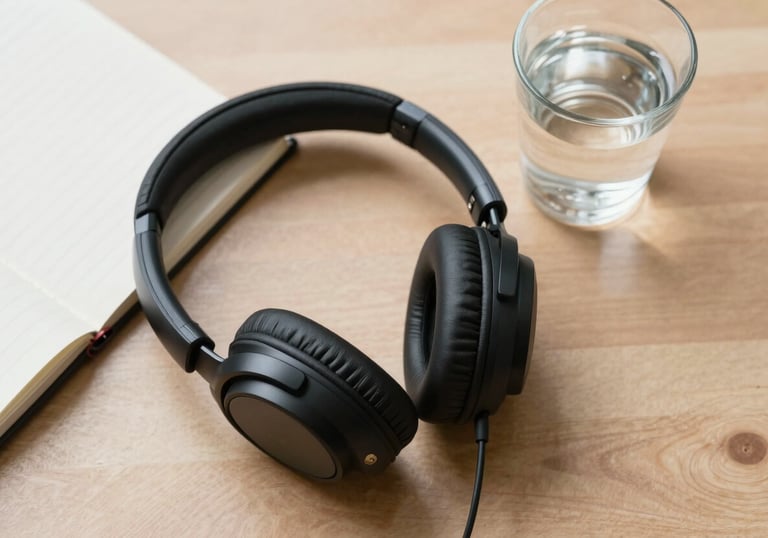 A top-down shot of a pair of high-quality headphones resting next to a notebook and a glass of water on a light wooden table. The aesthetic is clean, professional, and suggests a moment of listening and reflection.