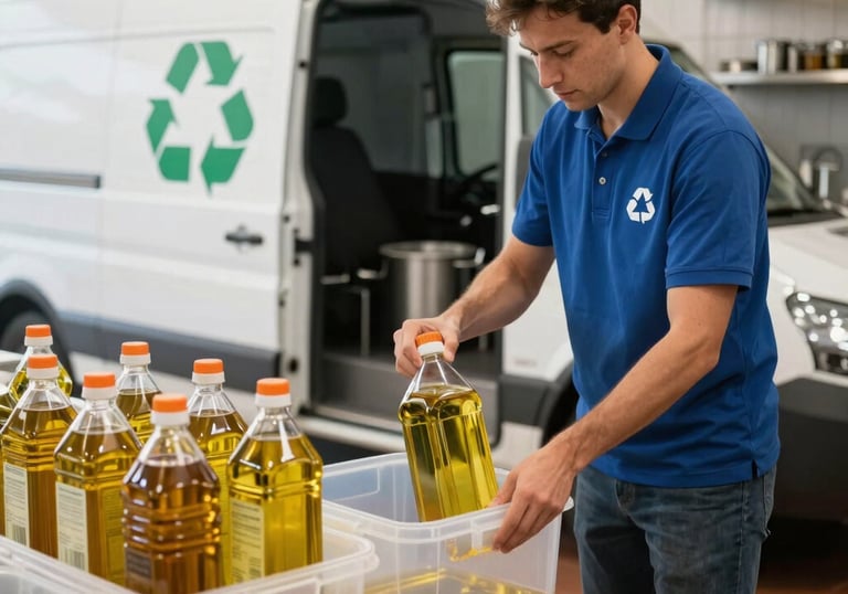 A clean, green truck collecting used cooking oil from a restaurant kitchen.