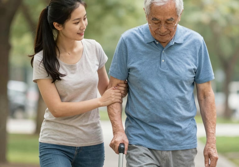 A warm scene of a caregiver sharing a laugh with an elderly woman in her cozy living room.