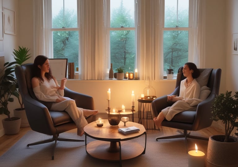 A calm therapy room with soft lighting and comfortable chairs.