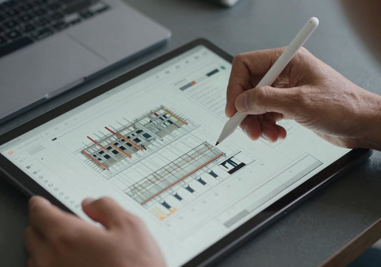 A close-up view of a professional Southeast Asian engineer's hands using a stylus on a high-tech tablet showing real-time construction progress charts. Clean, technical aesthetic with slate grey accents.