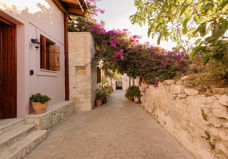 A narrow alley with a brick wall and blooming flowers, the entrance of a holiday home in Crete