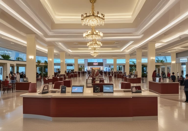 A hotel room with a neatly made bed featuring two yellow cushions and two bedside lamps providing warm lighting. A black and white headboard contrasts with the beige walls. In the foreground, a tray on a counter holds glass tumblers, mugs, and various coffee sachets. A promotional card for travel assistance leans against the tray.