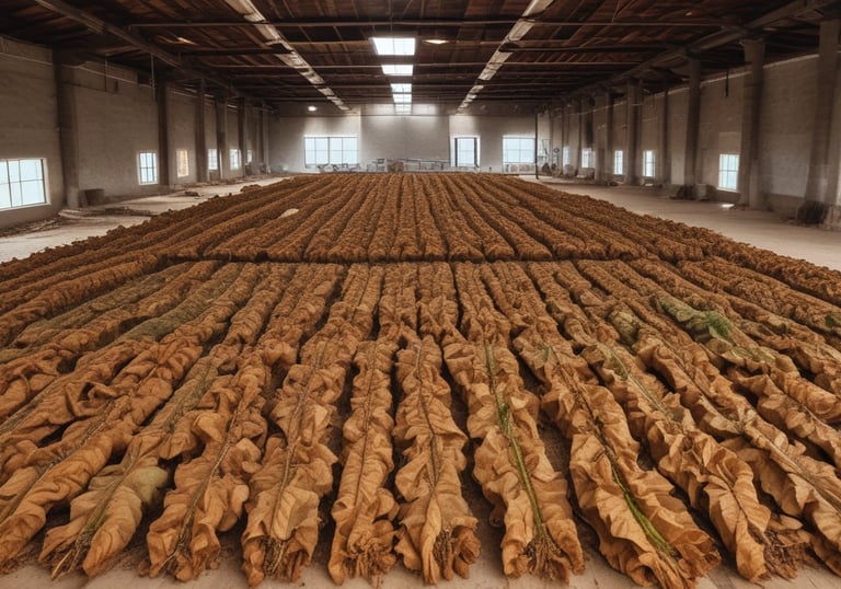 A pile of used cigarette butts is placed beside a pile of loose tobacco on a flat surface. The cigarette butts are predominantly worn, indicating heavy use, and display a mix of yellow and white colors with burnt ends. The loose tobacco nearby is brown and appears dry.