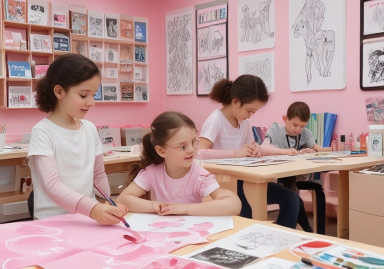 A classroom setting with children engaged in homework assistance.