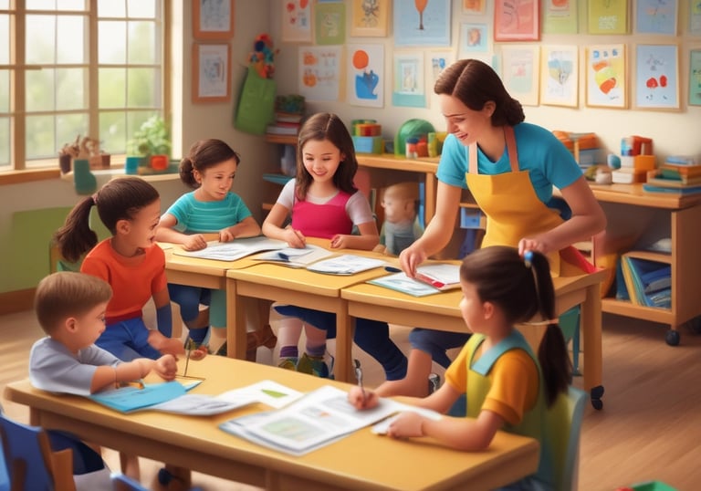 Children learning English through interactive games.