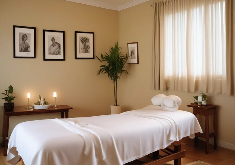 A relaxing Swedish massage setup with candles and soft lighting.