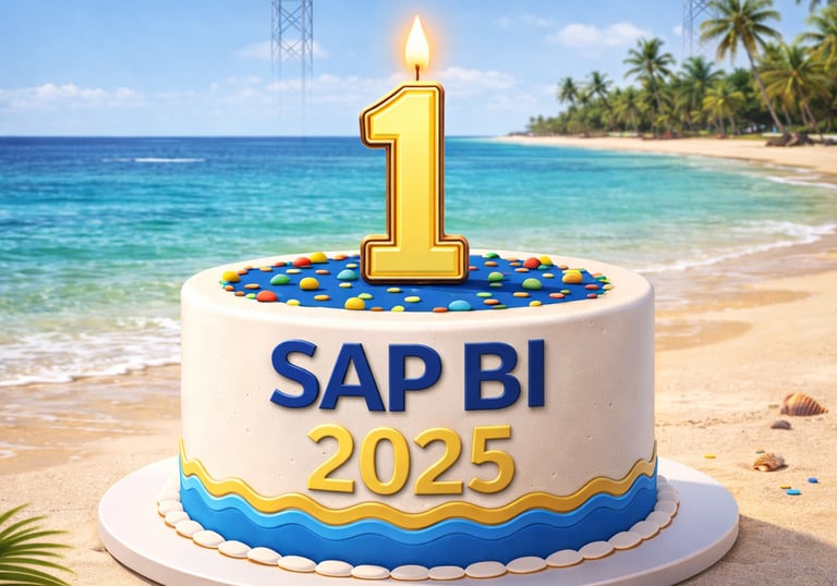 SAP BI 2025 first birthday cake on a beach with BI 2027 planning billboard in the background