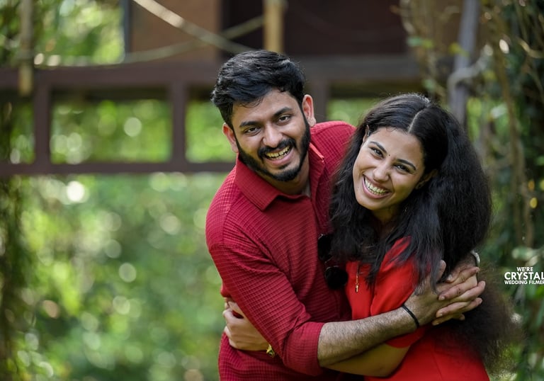 bride and groom in red dress