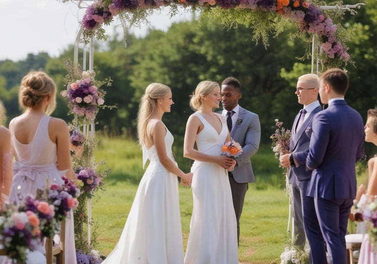 A wedding ceremony taking place on a wooden terrace overlooking the sea, with a couple standing under a floral arch. The bride is in a white dress, and the groom is in a dark suit. Several photographers and guests are gathered around, some dressed in formal wear, capturing the moment.
