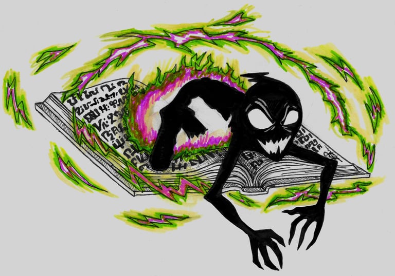 a marker drawing of a cartoon goblin being summoned from a spellbook