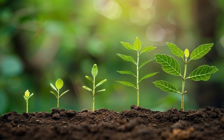 a group of young plants growing in the soil