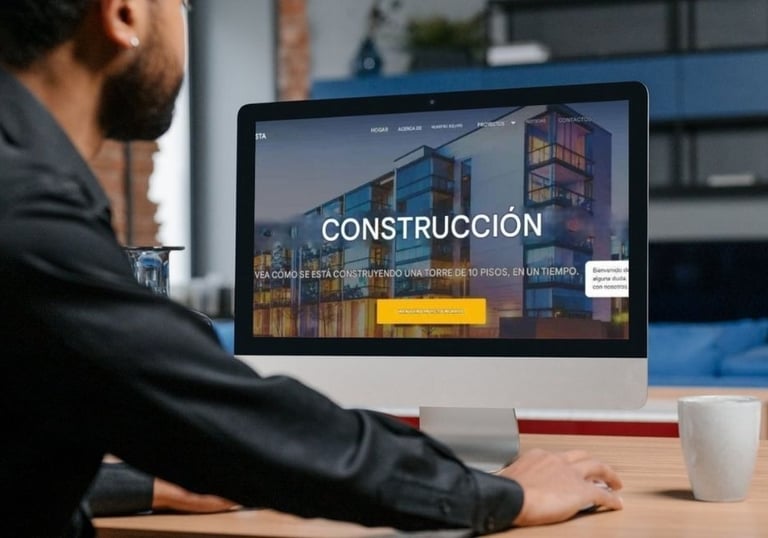 Hombre con barba frente a una computadora  con  la palabra "construcción" en pantalla.