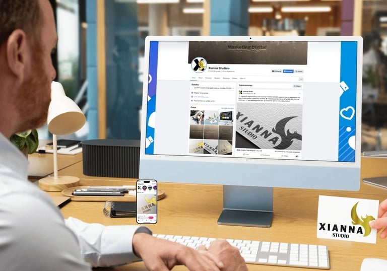 Un hombre frente a la computadora ve publicidad en Facebook y una mano muestra una tarjeta con logo.