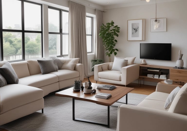 A multi-story apartment building with a distinctive red and white checkered facade. The structure is positioned on the left side of the image, leaving a large expanse of overcast sky to the right. The building features balconies, windows, and a sign indicating something is for rent or sale.