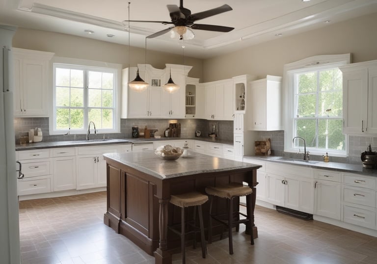 A room with a worn, textured wall and scattered tools. A metal ladder leans against the wall next to a wooden shelving unit containing various items like a drill, packing materials, and paint cans. The wooden floor is covered with more tools and a toolbox, suggesting ongoing renovation or maintenance work.