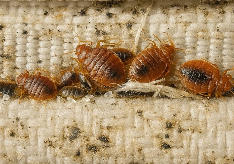 Bed bugs and larva on a mattress