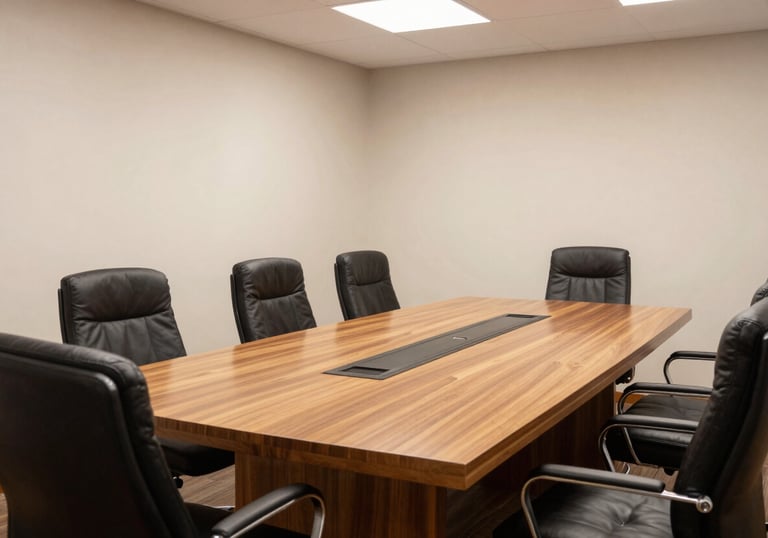 A bright and welcoming meeting room in a Brazilian law office, with a large wooden table and comfortable chairs, suggesting a safe space for legal advice.