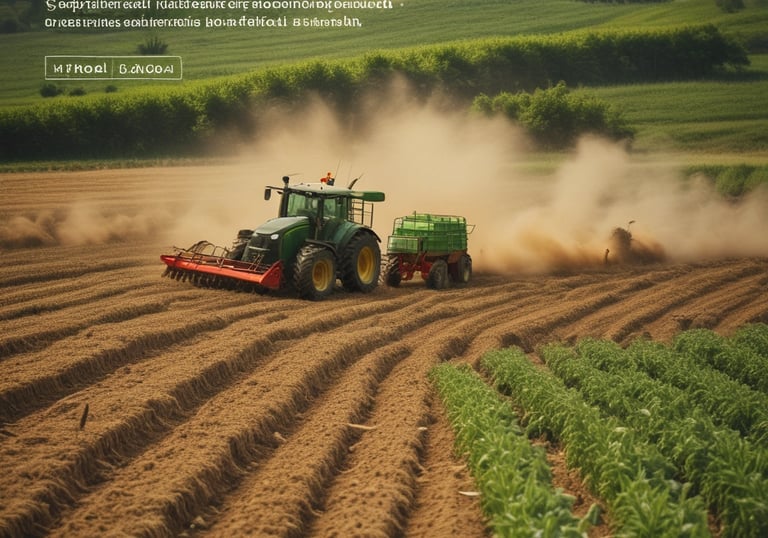 a tractor with a tractor trailer on a farm