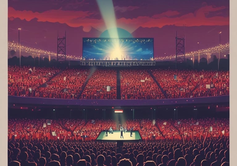a concert with a stage and a crowd of people