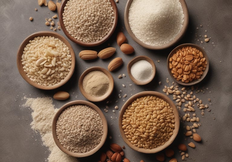 Various wellness and beauty products, including oils in bottles, a bowl of oil, dried flowers, crystals, a smudge stick, and a small dish of cream, are arranged aesthetically on a light surface. The scene is decorated with colorful flowers and herbs.