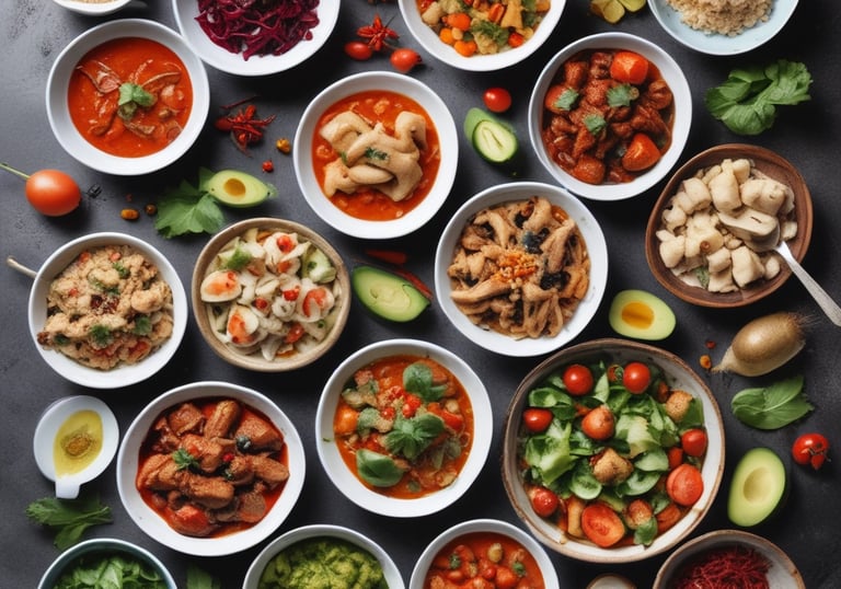 An arrangement of skincare or wellness products placed on a light surface, surrounded by natural elements such as leaves and assorted stones. The products include bottles with pump tops, jars, a spray, and a stick, each with minimalist labels in earthy tones. Dried plant material and small colorful pebbles add a rustic and organic touch.