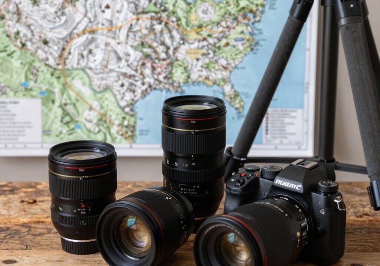 Professional camera gear, including lenses and a tripod, sitting on a rustic wooden table next to a detailed topographical map of a US mountain trail.