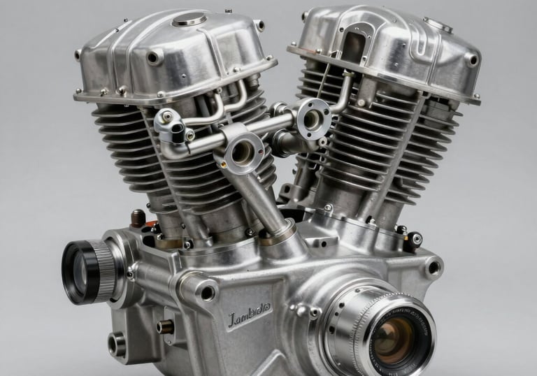 A crisp, detailed shot of a restored Lambretta engine block and carburetor. The metal surfaces are clean and shine under studio lighting, showcasing precision engineering from the fifties.