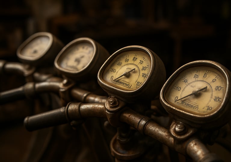 A close-up photograph focusing on a row of authentic vintage Lambretta speedometers and handlebars. The materials are metal and glass, showing beautiful aging. Soft lighting in a Brazilian workshop setting.