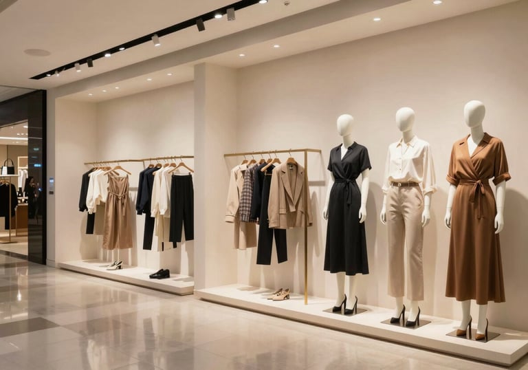 A high-end fashion boutique interior in a South American / Argentinian shopping mall. Stylish mannequins display modern clothing. The lighting is focused and warm, highlighting soft off-white walls and light slate grey floors.