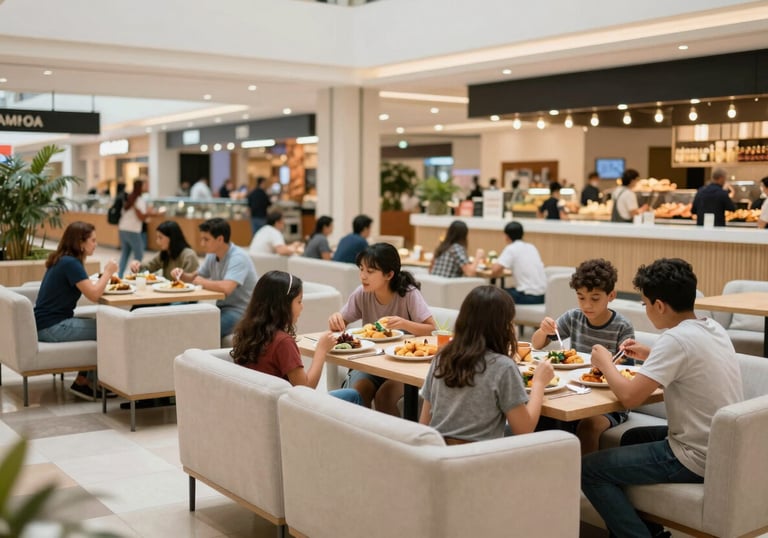 A clean and inviting food court in a South American / Argentinian shopping mall. The furniture is soft off-white, and the space is filled with warm, natural light. Families are enjoying diverse meals together in a modern setting.