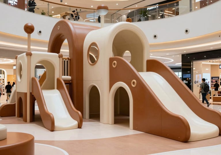 A modern and safe children's play area inside an Argentinian shopping center. The design uses sophisticated warm bronze and soft off-white tones, with high-quality play structures and professional lighting.