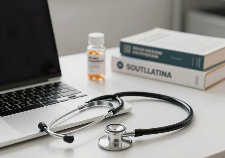 A clean, minimalist South American pharmaceutical workspace showing a laptop, a stethoscope, and professional reference books in soft daylight.