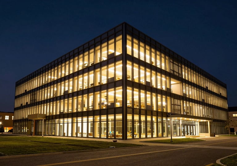 Modern architecture of a research center at night, with windows glowing in rich burnished gold against a deep navy blue sky.
