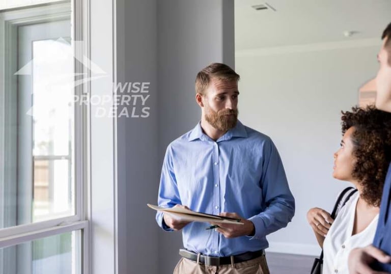 a man and woman standing in a room with a clipboard