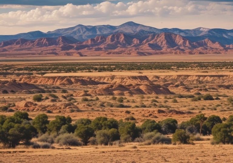 Panoramic desert landscape with red rock formations and blue mountains under a cloudy sky.