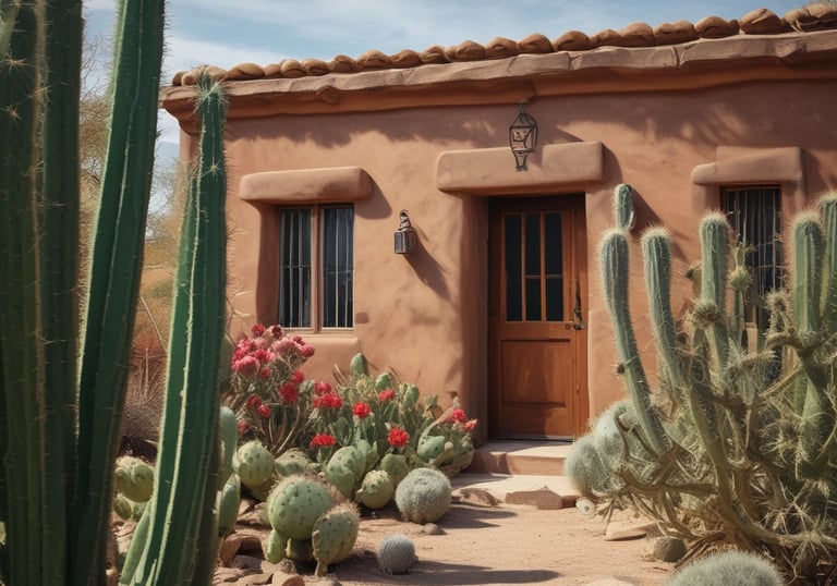 Rustic southwestern adobe home with a desert garden featuring saguaro and flowering prickly pear cacti.