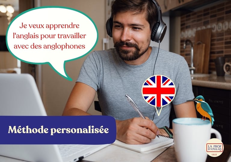 a man with a laptop & a speech bubble learning English. Kingfisher in a mug