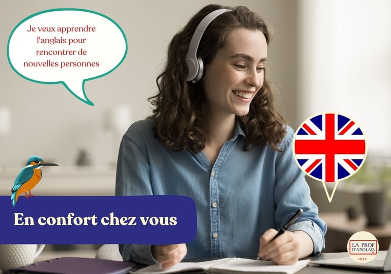 a woman with headphones & a speech bubble learning English.