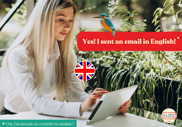 A woman sending an email in English, une femme envoie un mail en anglais