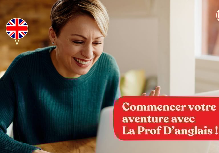 A woman smiles learning English. Une femme sourit en apprenant l'anglais