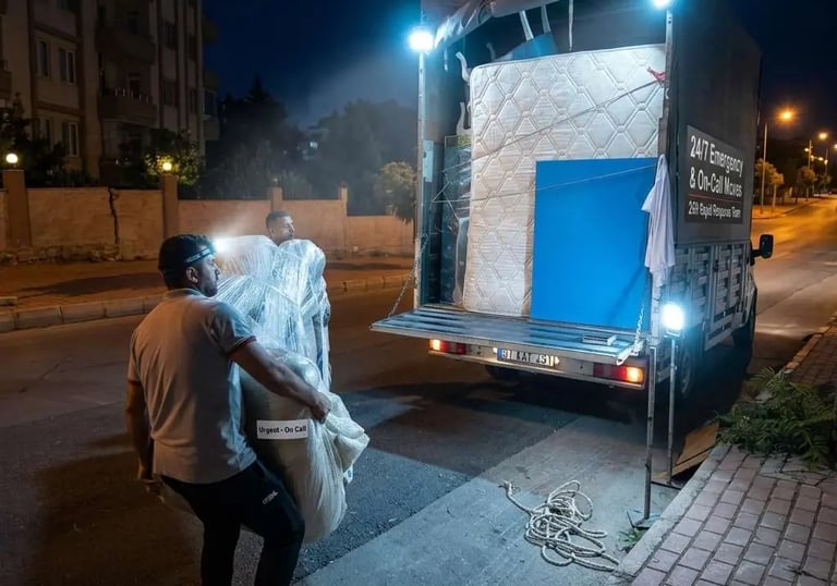 Antalya'da gece acil gelen tır/kamyon yükleri için rampadan eşya taşıma operasyonu gerçekleştiren nöbetçi hamal ekibimiz.