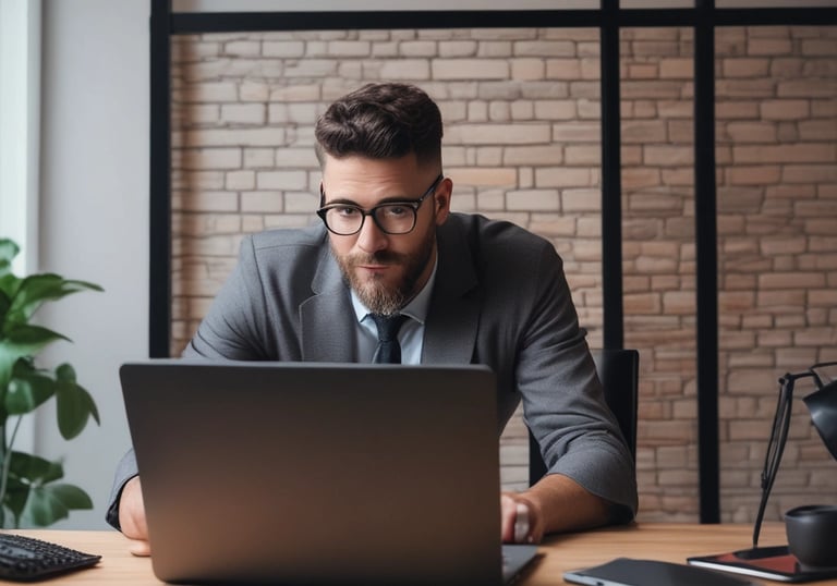 A modern workspace with a focus on technology. In the foreground, there is a black laptop with a distinctive logo placed on a table beside a smartphone propped on a stand. A man is sitting in the background, also using a similar laptop. The setting is minimalistic with a combination of white furniture and a textured brick wall.