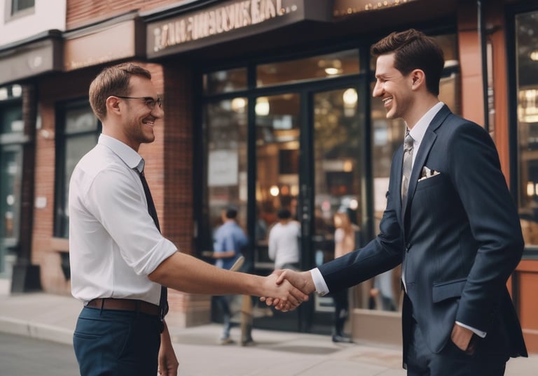 A modern workspace with a focus on technology. In the foreground, there is a black laptop with a distinctive logo placed on a table beside a smartphone propped on a stand. A man is sitting in the background, also using a similar laptop. The setting is minimalistic with a combination of white furniture and a textured brick wall.