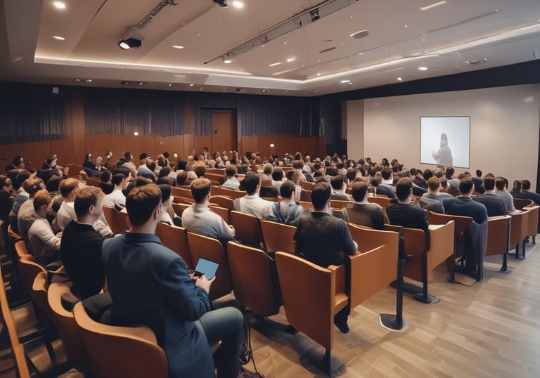 A person with a striped shirt and a cap is standing in front of a computer screen displaying data and analytics. Another laptop is open on a desk below the monitor, and a large metallic tank with a pressure gauge is nearby.