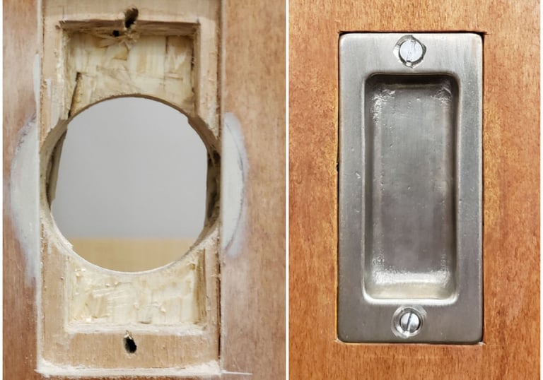 Faux door repair to reuse a swing door into a pocket door.