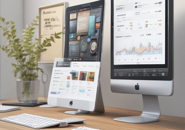 Four small, white robot figures are sitting in a row, each with a laptop in front of them. They have round bodies and blue accents, with 'AI' displayed on their chests. The background is minimal and light gray, emphasizing the robots and their computers.